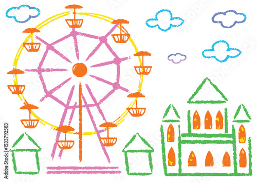 Merry-go-round and colorful Ferris wheel vector illustration with house symbol design
A colorful ferris wheel and merry-go-round vector illustration with a charming village home design and sun