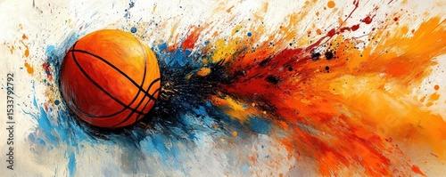 A vibrant painting of a basketball in motion, bursting with dynamic splashes of orange, red, blue, and black paint.