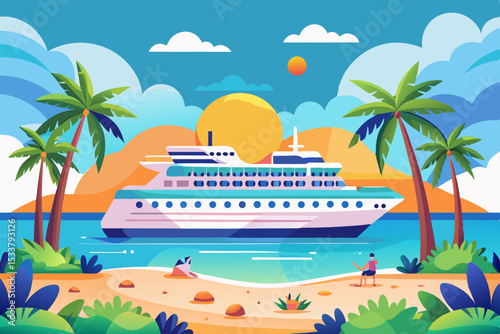 Tropical island paradise with a cruise ship on the ocean, featuring a beach, palm trees, and clear blue water under the summer sun
