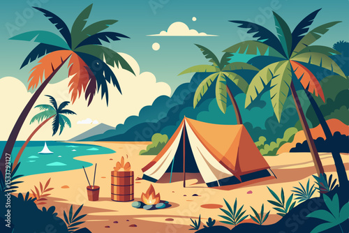 Tropical island paradise: a relaxing summer vacation on a sandy beach with palm trees, the sun glistening on the ocean waves