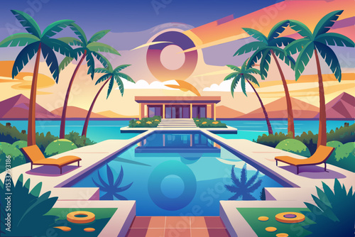 Tropical beach resort with palm trees, a summer paradise island getaway