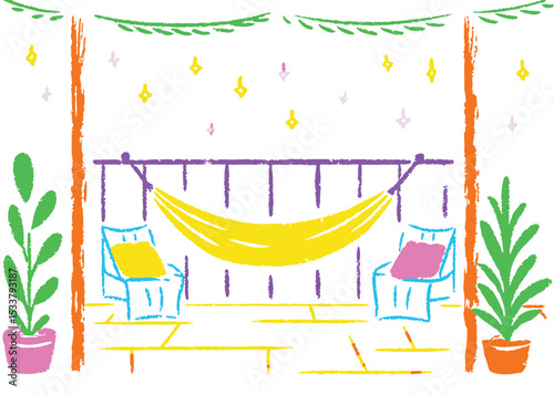 Pink cartoon baby hammock on the beach vector illustration