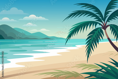 Tropical palm trees sway on a sandy beach under a summer sky, inviting travel to this island paradise