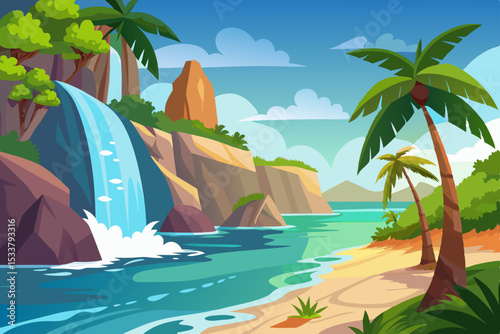 Tropical island paradise: palm trees swaying on a sunny beach by the turquoise ocean