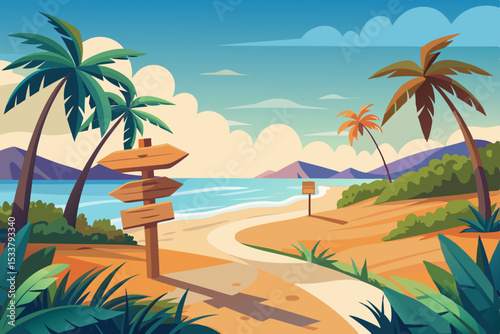 Tropical paradise beach with palm trees, blue sky, and clear ocean water