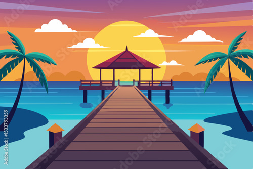 A breathtaking tropical beach paradise at sunset, with a vibrant sky over the ocean, swaying palm trees, and golden sand