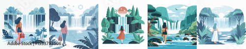 woman character vector going to waterfall