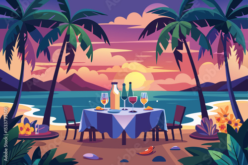 Tropical paradise: romantic summer dinner at a beach cafe under palm trees by the sea