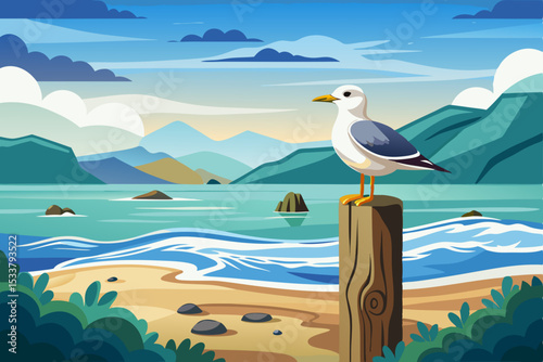 White seagulls stand on a sandy beach near the ocean's waves under a blue sky