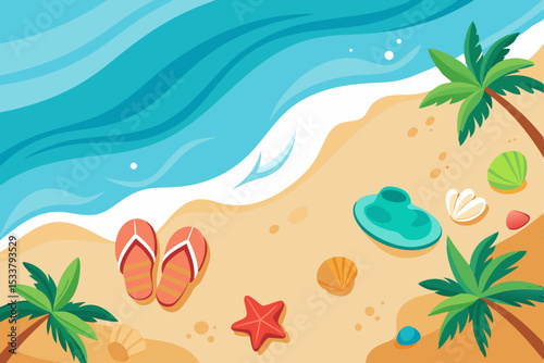 Tropical beach vector illustration: summer island landscape with palm trees, sun, and ocean waves
