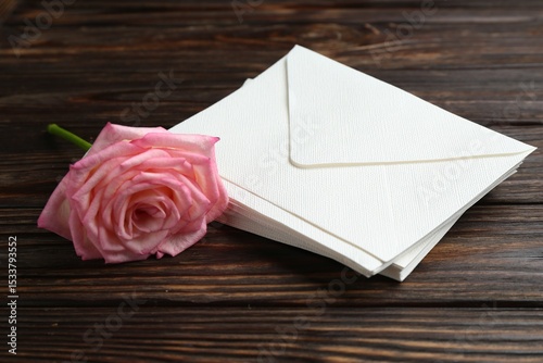 Stack of love letters and beautiful rose on wooden table, closeup