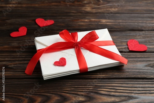 Stack of love letters and red hearts on wooden table, closeup
