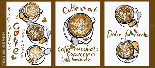 Coffee cups, spoon, milk foam, croissant, amaretini. Italian coffee. Pictures of milk foam, matcha. Hand drawn Vector illustration. Greeting cards