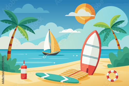 Tropical island beach paradise vector illustration with palm trees, sun, sea, and sand for your summer vacation