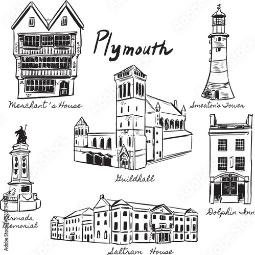 Plymouth landmarks ink illustrations: Merchant's House, Guildhall, Smeaton's Tower, Memorial, Saltram House, Dolphin Inn. Elizabethan, Georgian, Gothic architecture. Historical culture tourism. 