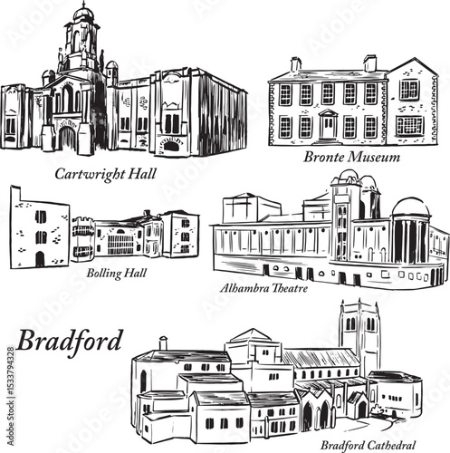 Bradford landmarks ink illustrations: Cartwright Hall, Bronte Museum, Bolling Hall, Alhambra Theatre, Bradford Cathedral. Architectural drawings in simple textured style. Religion Angelican. Tourism.