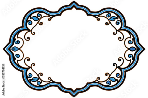 Elegant ornamental frame with blue accents and floral scrollwork isolated on white background
