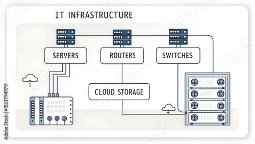 IT Infrastructure Diagram Servers, Routers, Switches & Cloud Storage