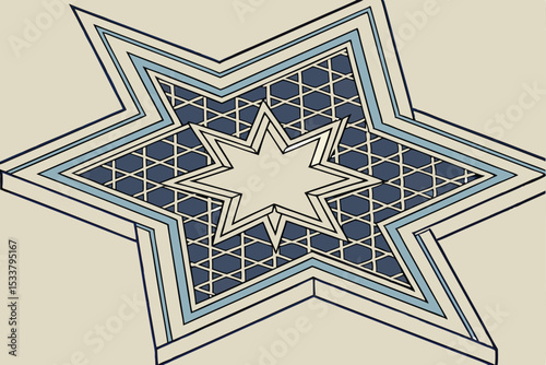 Geometric star design in blue and cream with geometric pattern and detailed architecture