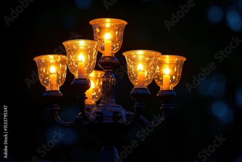 Ornate candleholder glows warmly at night