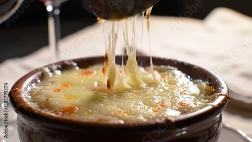 Hot melted cheese stretching from spoon above golden crusted French onion soup served in brown ceramic bowl on white napkin in soft warm light. Food concept
