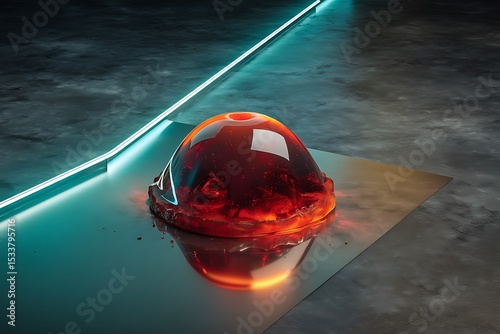 A glowing red glass dome rests on a reflective surface, emitting an otherworldly light in a dark, futuristic setting. photo