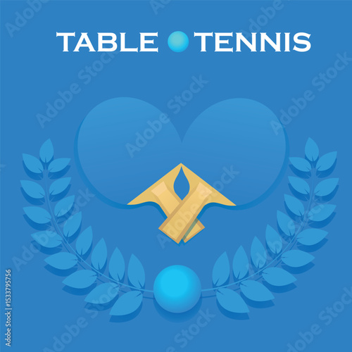 Stol dlya ping ponga sinego tsveta, dve raketki, myachik, lavrovyy venok. Poster turnir nastol'nogo tennisa, sorevnovaniya professionalov, sportivnyoye khobbi, klub Moy opyt v sozdanii detskikh risunk