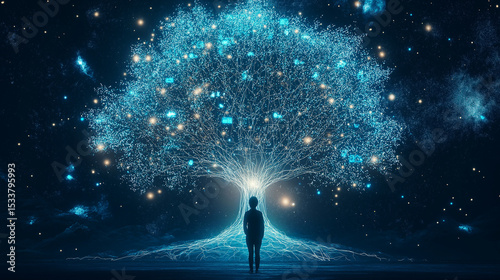 Digital Tree of Knowledge: A person gazes up at a digital tree, its branches interwoven with data, representing knowledge and connectivity in a futuristic setting.