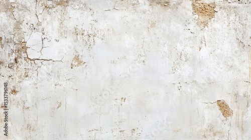 A weathered, cracked, and peeling white wall with uneven texture and exposed patches of underlying material.