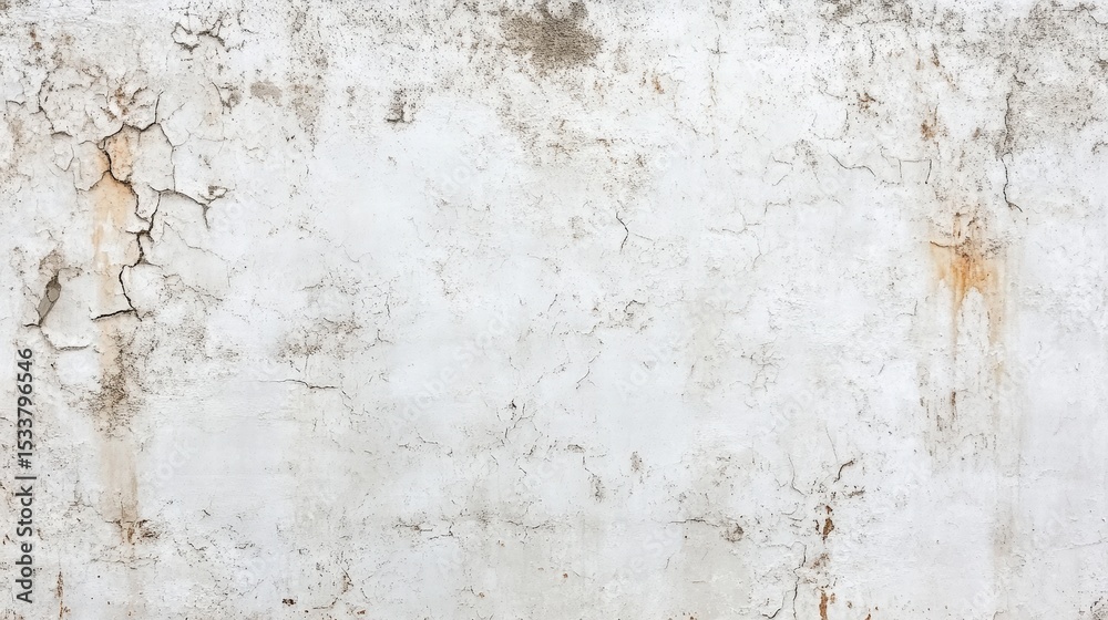 Fototapeta premium A close-up of a weathered, cracked, and peeling white wall with visible dirt and rust stains.