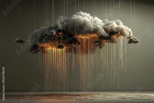 A dark cloud with golden rain of light drops hanging in a dimly lit empty space, creating a surreal atmosphere.