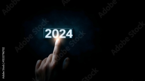 Glowing switch labeled 2024 touched by a human finger