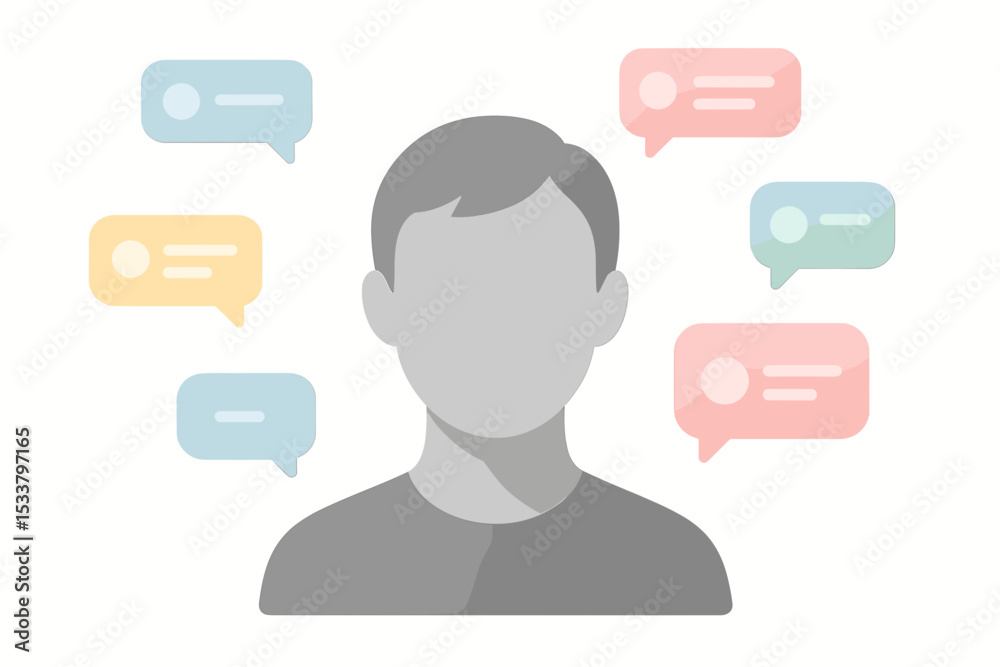 Faceless person with speech bubbles illustrating social interaction and mental health Faceless person with speech bubbles illustrating social interaction and mental health