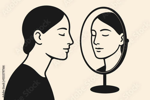 Woman looking peacefully into mirror reflecting self-acceptance and mental health