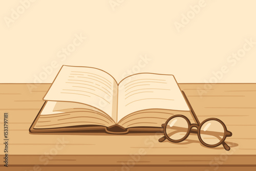 Open book and glasses on wooden surface symbolizing introspection and mental health