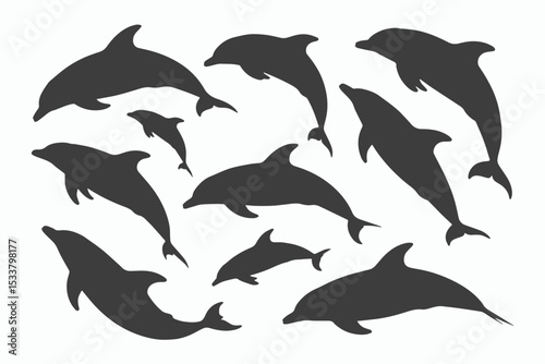 Silhouette collection of dolphins swimming