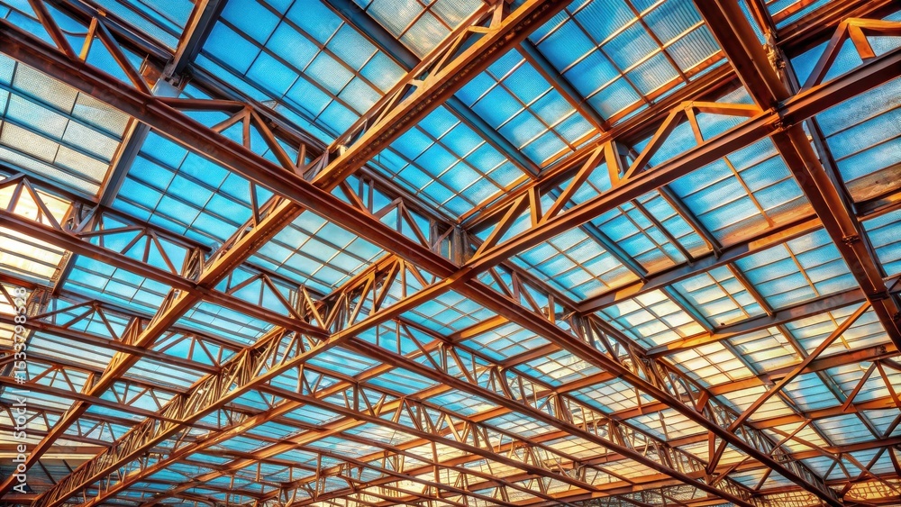 Fototapeta premium Intricate Steel Framework and Translucent Panel Roof Structure