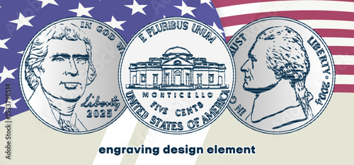 Vector engraving, collection design elements. Set US 5 cents. Obverse and reverse of change coin of United States of America. American money. Five. Sample. Numismatics