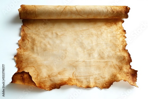 Aged, torn parchment scroll with burnt edges rolled at the top, showcasing a vintage, weathered look on a white background.