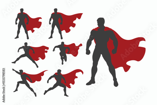 Superhero silhouettes in various poses with red capes