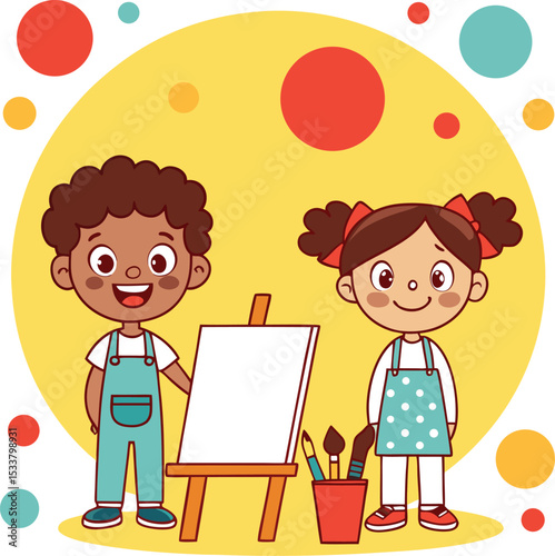 Happy children painting together at an easel