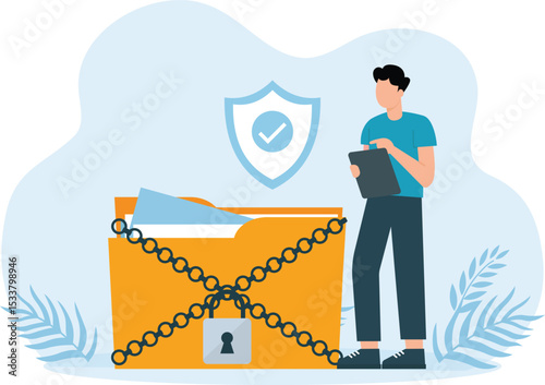 Data Security, Polygonal wireframe shield with lock sign on dark blue
