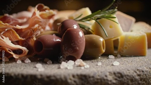 Slices of prosciutto with black and green olives and cubes of hard cheese on stone plate with coarse sea salt and rosemary garnish in soft moody lighting. Food concept
