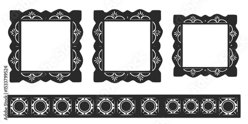 Three decorative square frames with floral accents and a patterned border strip below them all in black