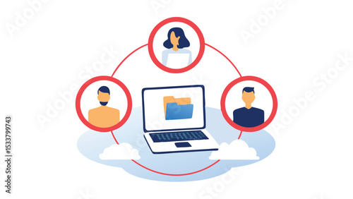 Illustration of people connected to a laptop with files in a cloud network system online data
