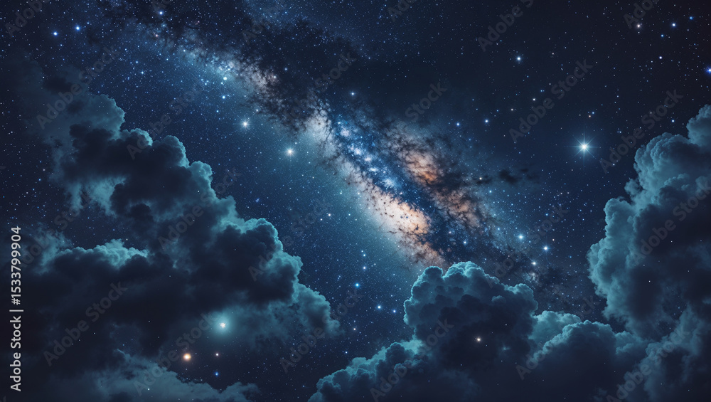 Fototapeta premium Stunning night sky with milky way galaxy and dark moody clouds illustration