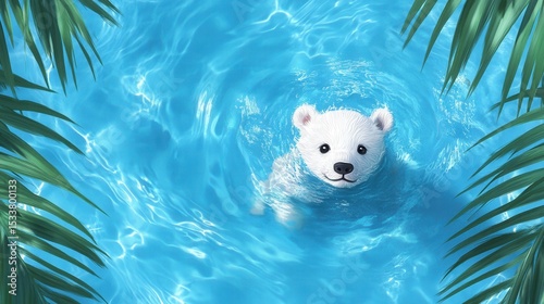 A playful polar bear swims joyfully in a vibrant blue pool surrounded by greenery.