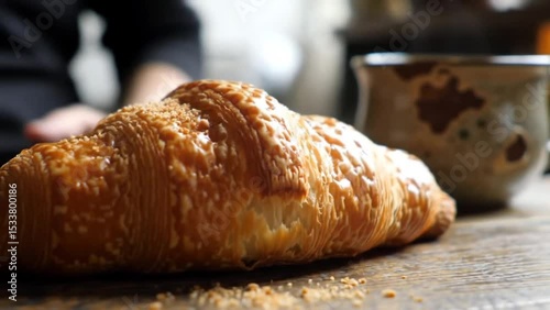 Freshly baked golden croissant with sesame seeds placed on wooden table near handmade ceramic cup in warm morning light. Food concept
