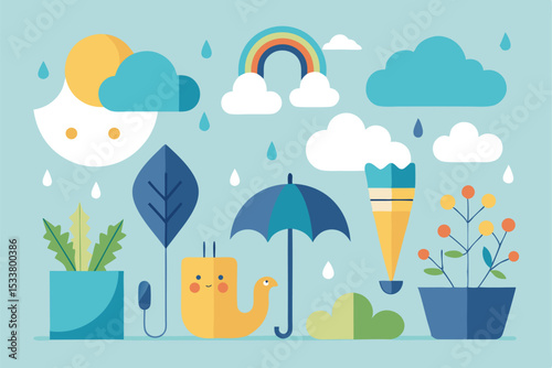 Colorful illustration featuring weather elements rainbow clouds raindrops and garden elements