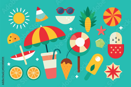 Colorful summer elements collection with various beach vacation icons and symbols